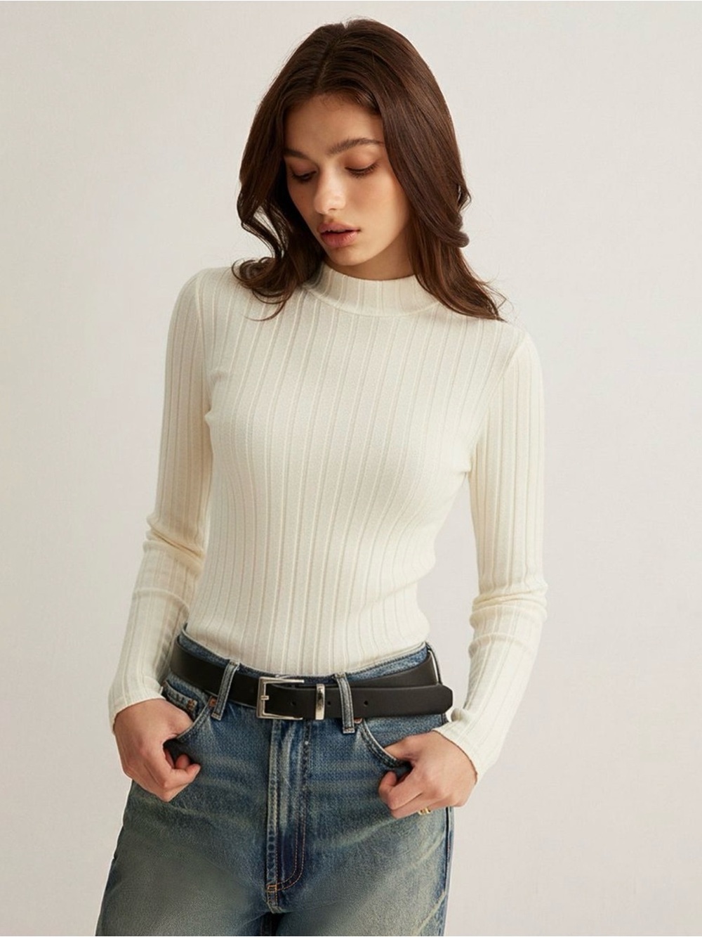 Commense Mock Neck Ribbed Knit Top Apricot Cream XL Stretch Long Sleeve NWT